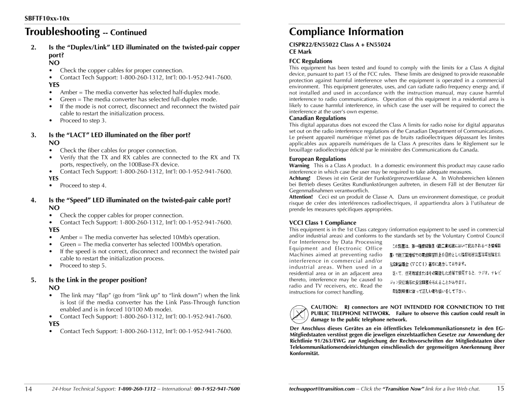 Transition Networks SBFTF10XX-10X specifications Troubleshooting -- Continued, Compliance Information, Canadian Regulations 