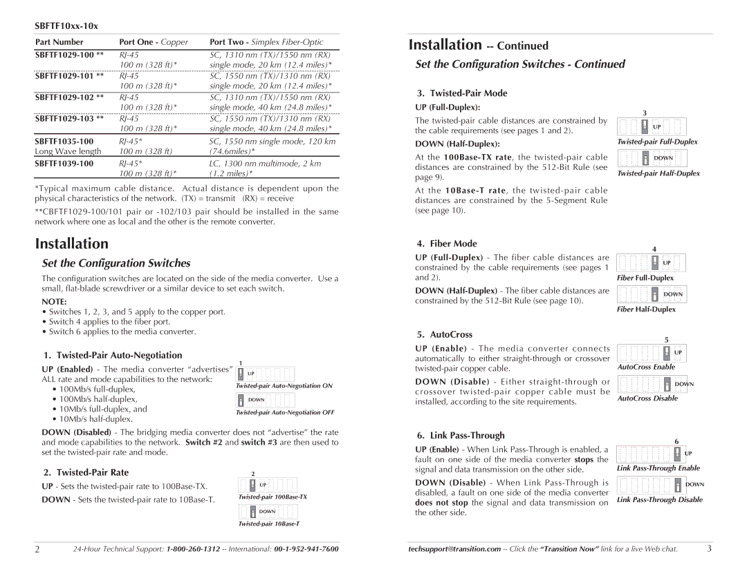 Transition Networks SBFTF10XX-10X specifications Installation, Set the Configuration Switches 