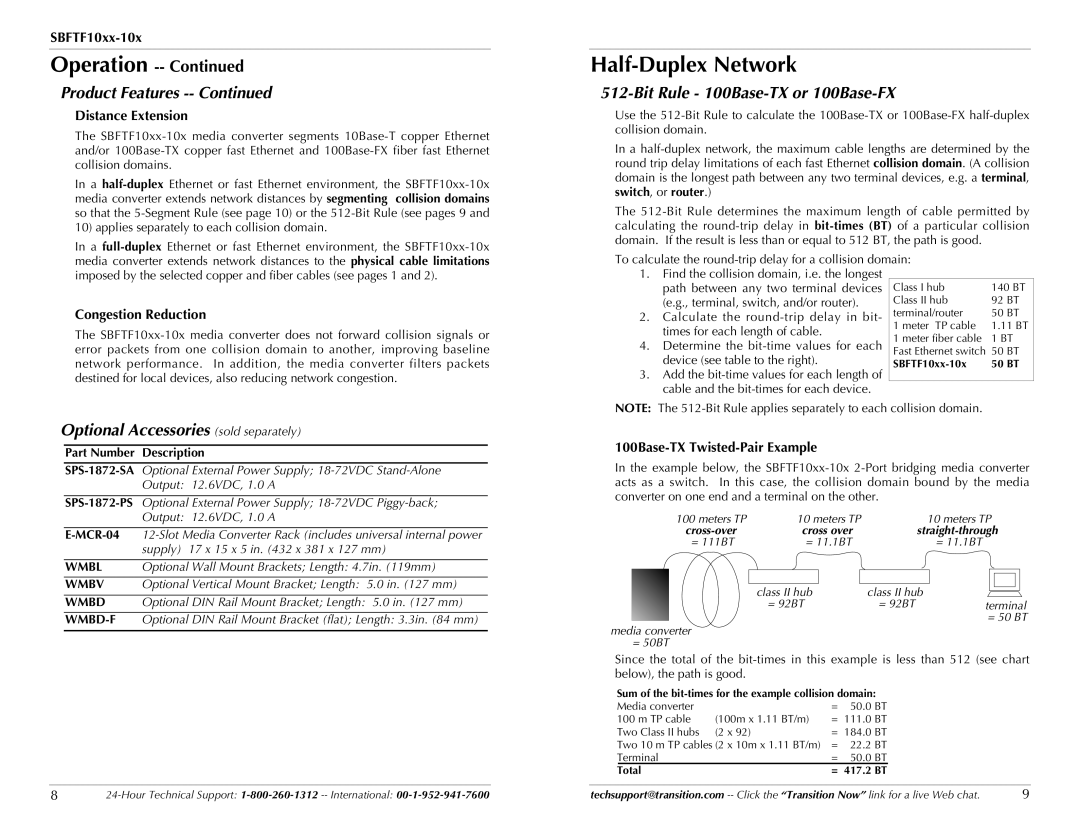 Transition Networks SBFTF10XX-10X specifications Half-Duplex Network, Optional Accessories sold separately 