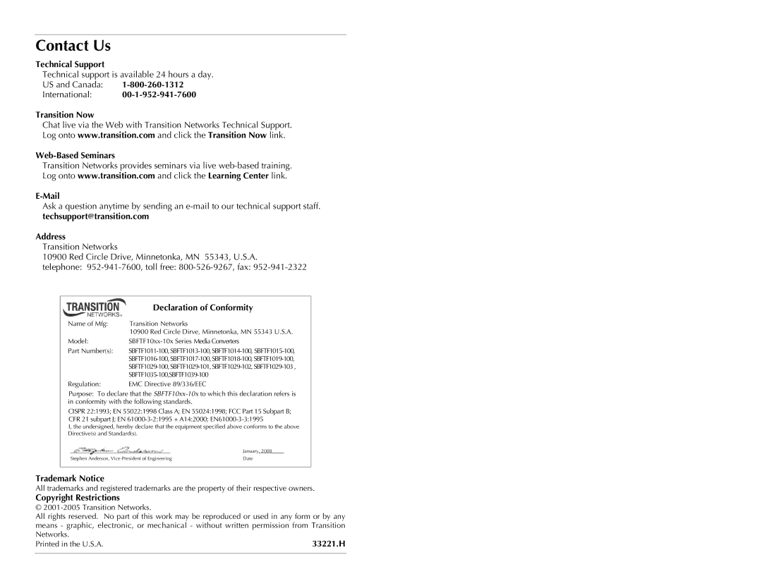 Transition Networks SBFTF10XX-10X specifications Contact Us 