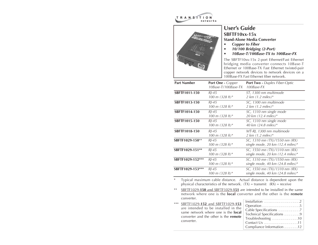 Transition Networks SBFTF10XX-15X specifications User’s Guide, Stand-Alone Media Converter 