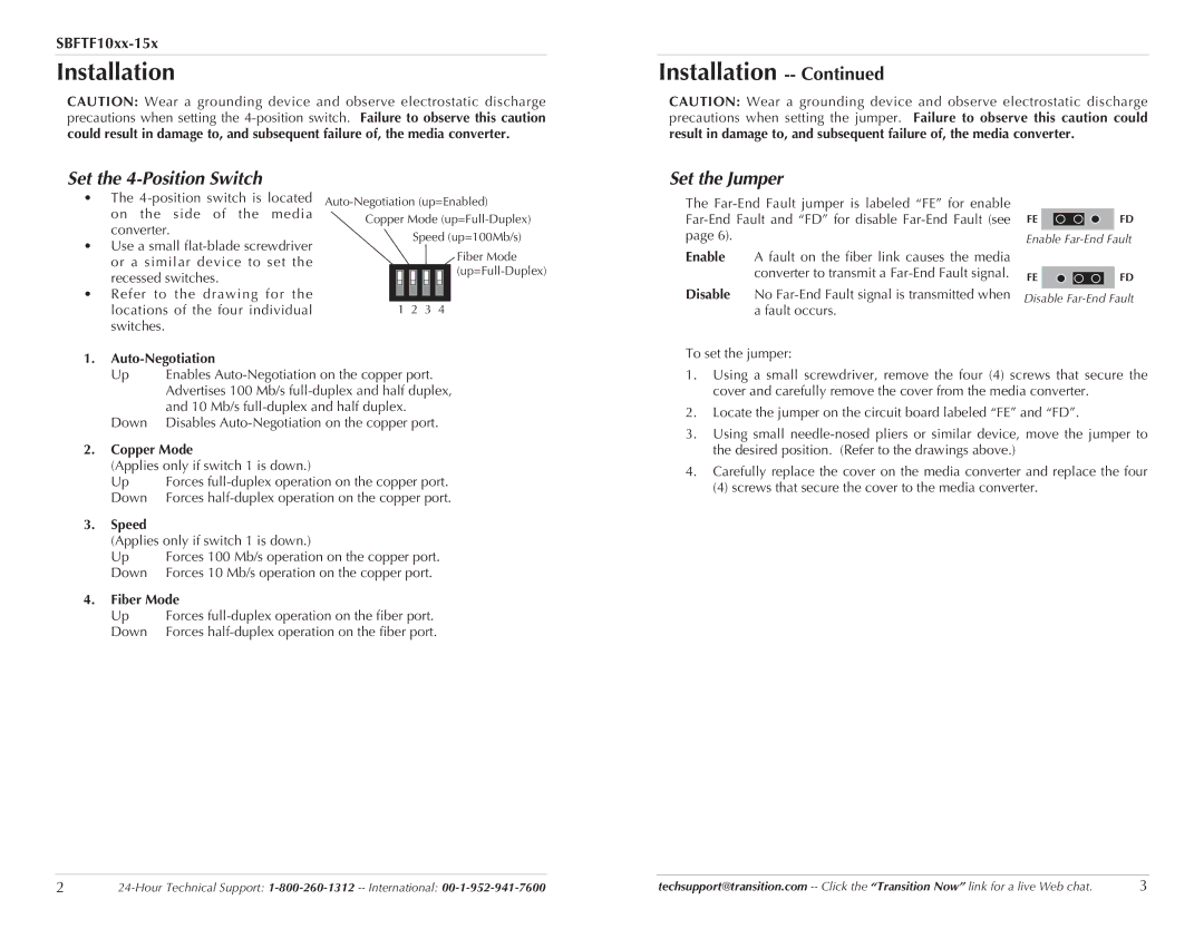 Transition Networks SBFTF10XX-15X specifications Installation, Set the 4-Position Switch, Set the Jumper, SBFTF10xx-15x 