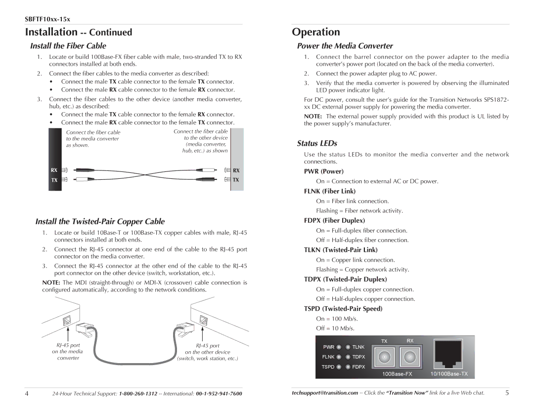 Transition Networks SBFTF10XX-15X Operation, Install the Fiber Cable, Install the Twisted-Pair Copper Cable, Status LEDs 