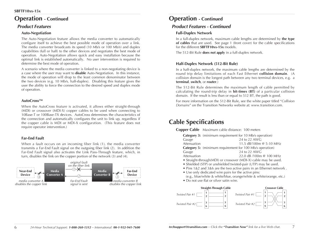 Transition Networks SBFTF10XX-15X specifications Cable Specifications, Product Features 