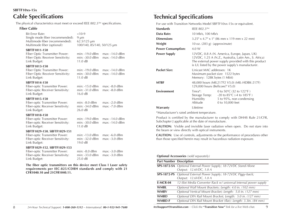 Transition Networks SBFTF10XX-15X specifications Technical Specifications, Fiber Cable 