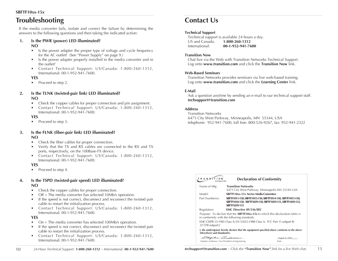 Transition Networks SBFTF10XX-15X specifications Troubleshooting, Contact Us 