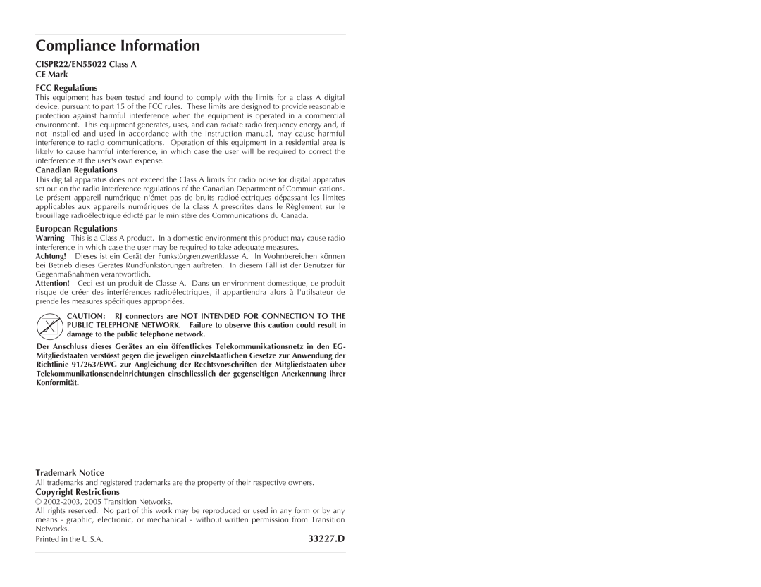 Transition Networks SBFTF10XX-15X Compliance Information, 33227.D, CISPR22/EN55022 Class A CE Mark FCC Regulations 