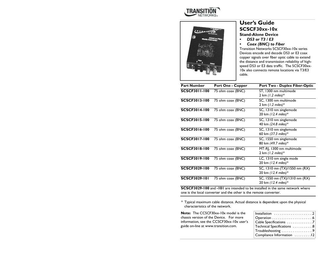 Transition Networks SCSCF30XX-10X specifications SCSCF30xx-10x 