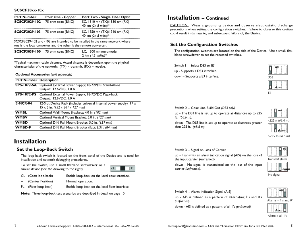 Transition Networks SCSCF30XX-10X specifications Installation, Set the Configuration Switches, Set the Loop-Back Switch 