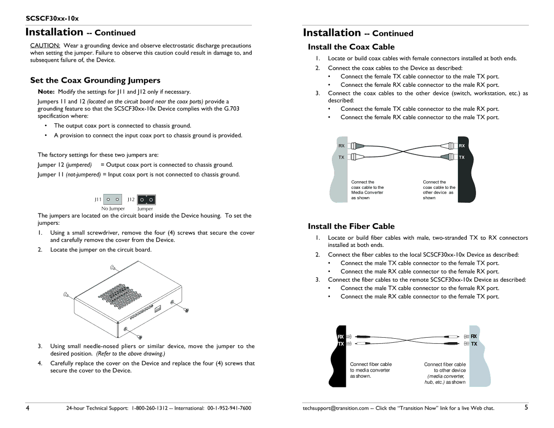 Transition Networks SCSCF30XX-10X Set the Coax Grounding Jumpers, Install the Coax Cable, Install the Fiber Cable 