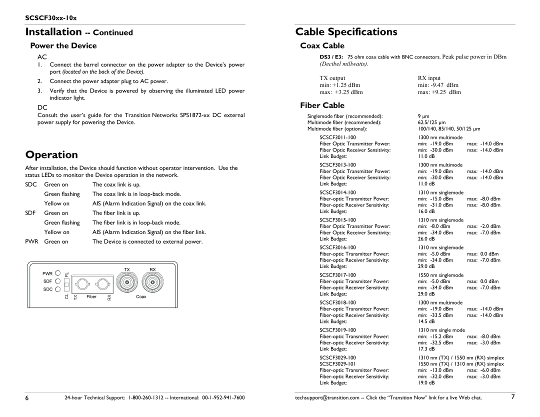 Transition Networks SCSCF30XX-10X specifications Cable Specifications, Operation, Power the Device, Coax Cable, Fiber Cable 