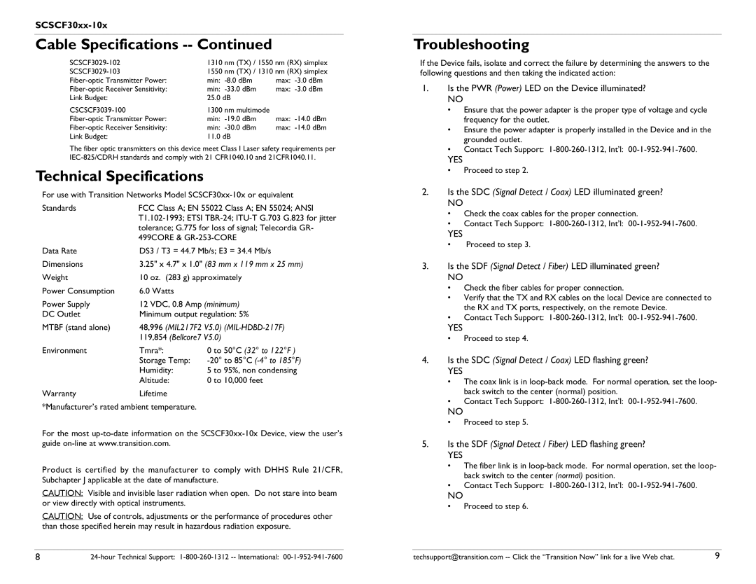 Transition Networks SCSCF30XX-10X specifications Cable Specifications Troubleshooting, Technical Specifications 