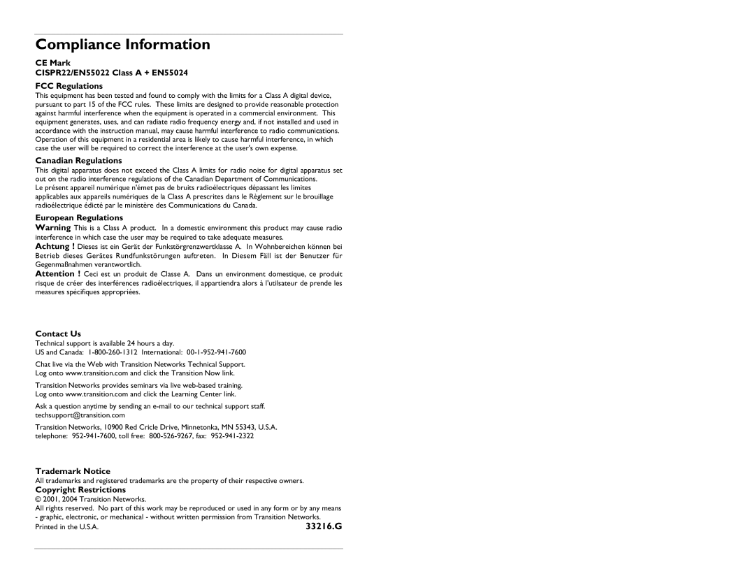 Transition Networks SCSCF30XX-10X specifications Compliance Information, European Regulations, Contact Us, Trademark Notice 