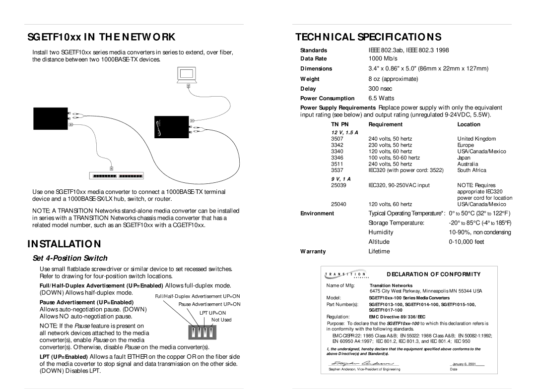 Transition Networks SGETF1013-100, SGETF1018-100 Installation, Technical Specifications, Set 4-Position Switch 