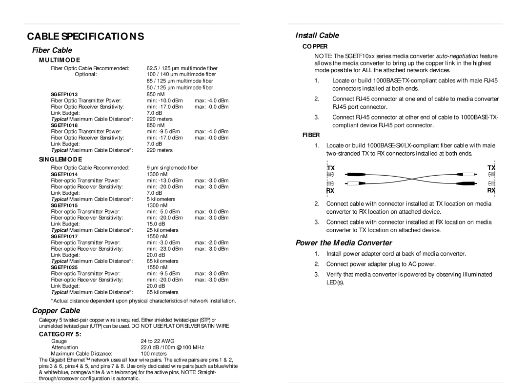 Transition Networks SGETF1017-100, SGETF1018-100 Cable Specifications, Fiber Cable, Copper Cable, Install Cable 