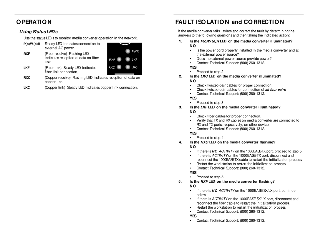 Transition Networks SGETF1014-100, SGETF1018-100, SGETF1025-100, SGETF1013-100 Operation, Using Status LEDs, Yes 