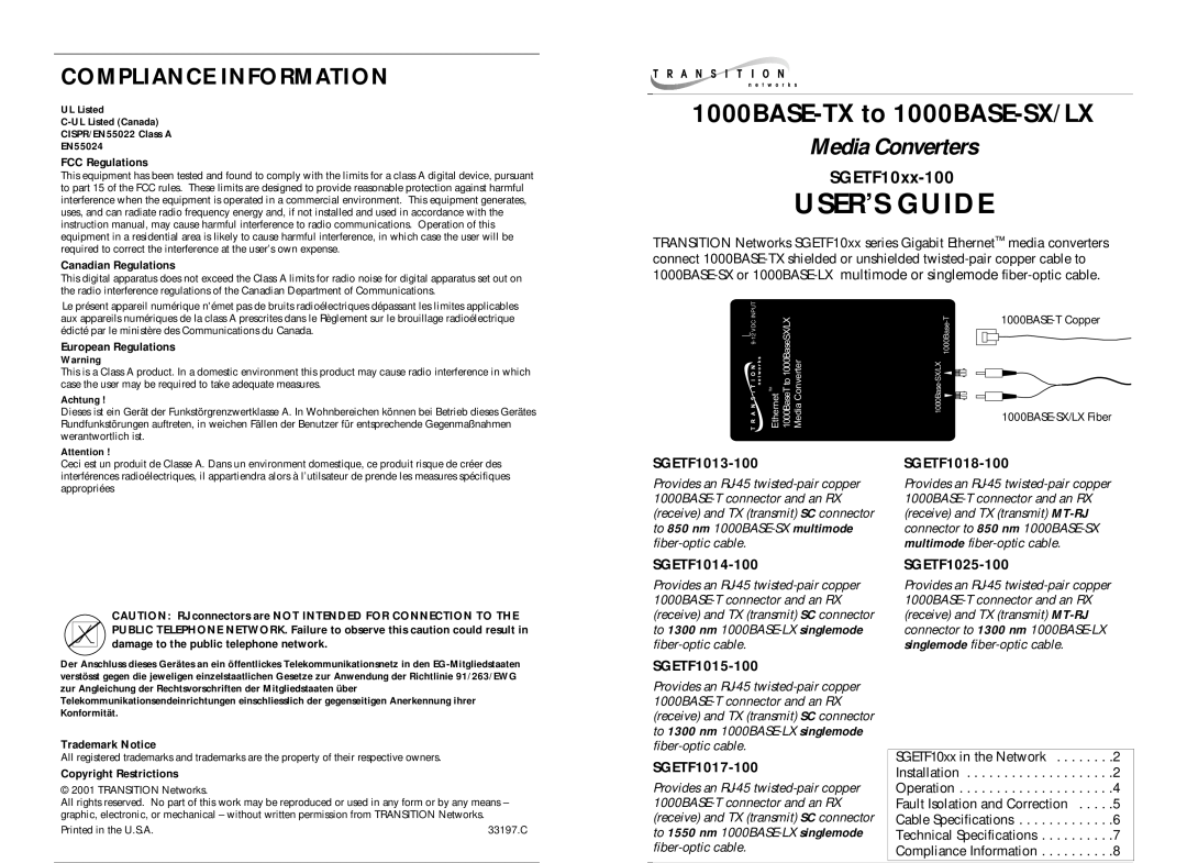 Transition Networks SGETF1025-100 instruction manual Compliance Information, User’S Guide, 1000BASE-TX to 1000BASE-SX/LX 