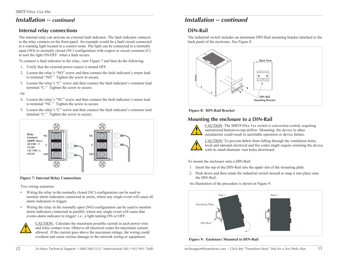 Transition Networks SIBTF10XX-1XX-MS specifications Internal relay connections, Mounting the enclosure to a DIN-Rail 