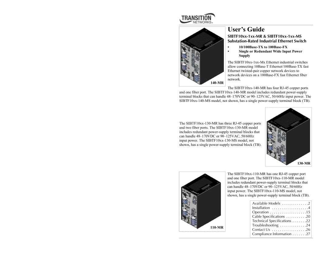 Transition Networks SIBTF10XX-1XX-MS, SIBTF10XX-1XX-MR specifications 140-MR, 130-MR 110-MR 