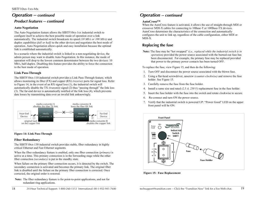 Transition Networks SIBTF10XX-1XX-MR, SIBTF10XX-1XX-MS specifications Product features, Replacing the fuse 