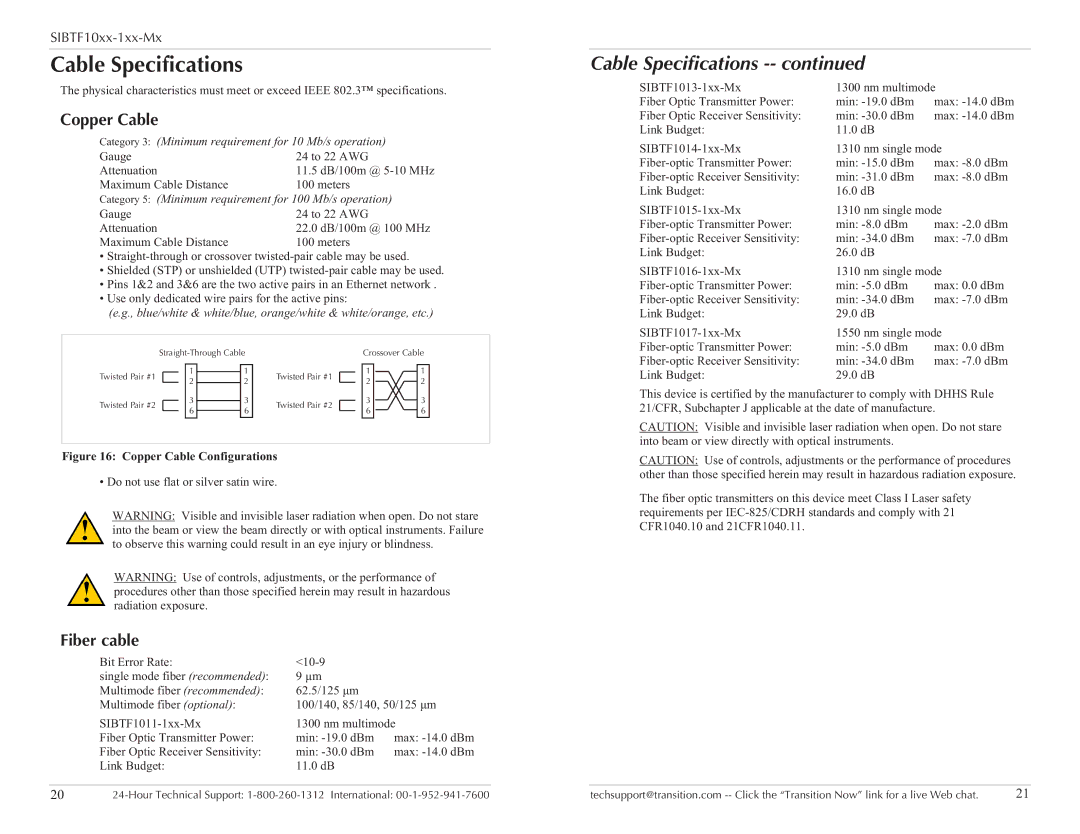 Transition Networks SIBTF10XX-1XX-MS, SIBTF10XX-1XX-MR specifications Cable Specifications, Copper Cable, Fiber cable 