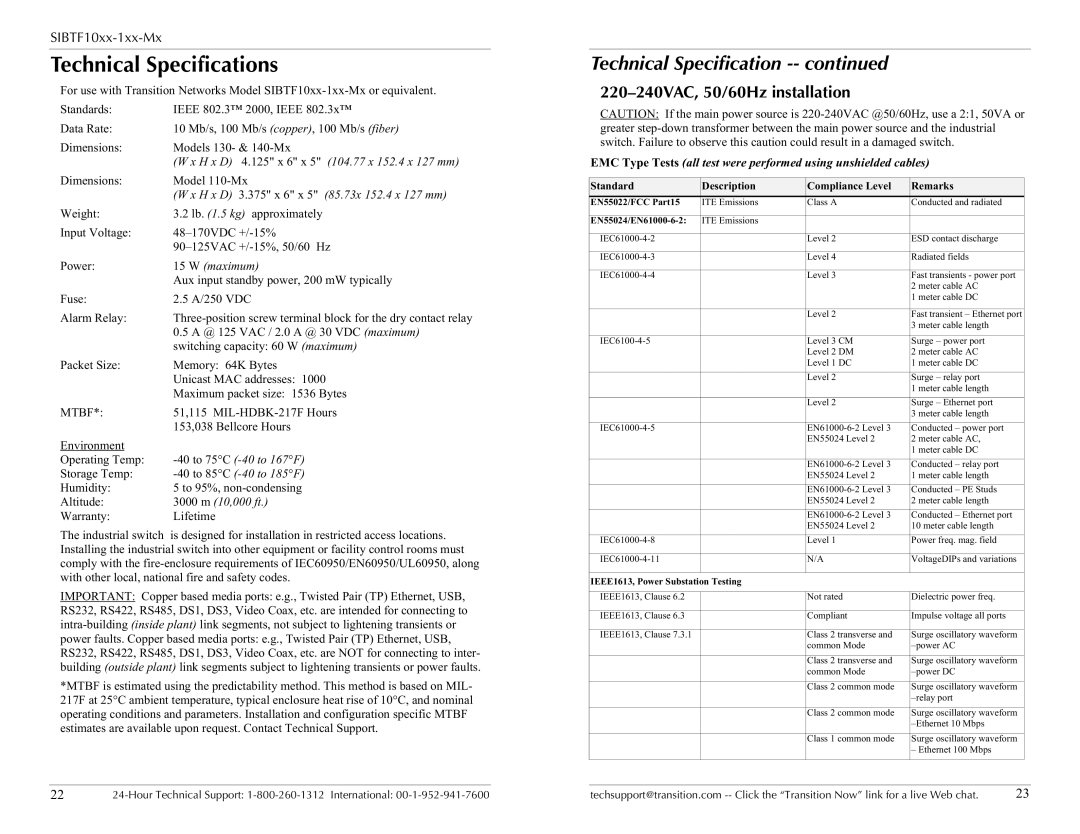 Transition Networks SIBTF10XX-1XX-MR, SIBTF10XX-1XX-MS Technical Specifications, 220-240VAC, 50/60Hz installation 