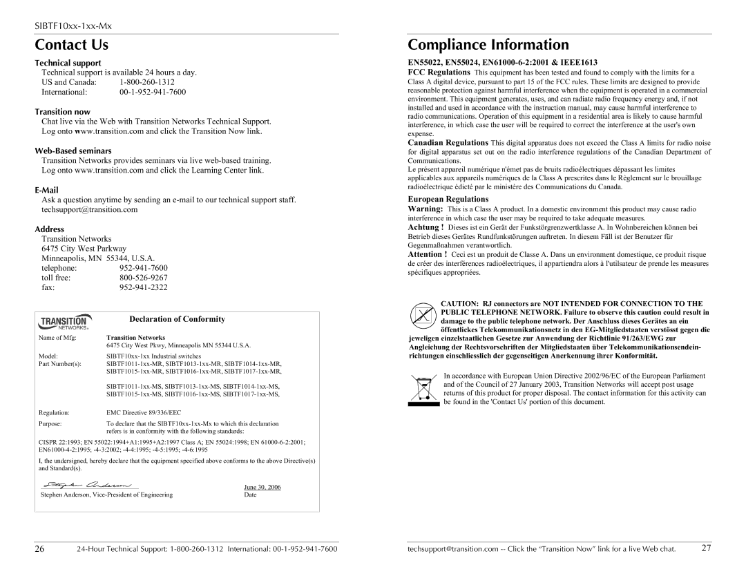 Transition Networks SIBTF10XX-1XX-MR Contact Us, Compliance Information, Declaration of Conformity, European Regulations 