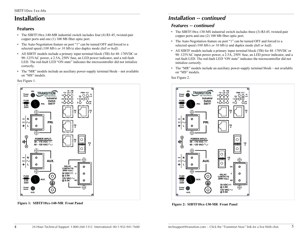 Transition Networks SIBTF10XX-1XX-MS, SIBTF10XX-1XX-MR specifications Installation, Features 