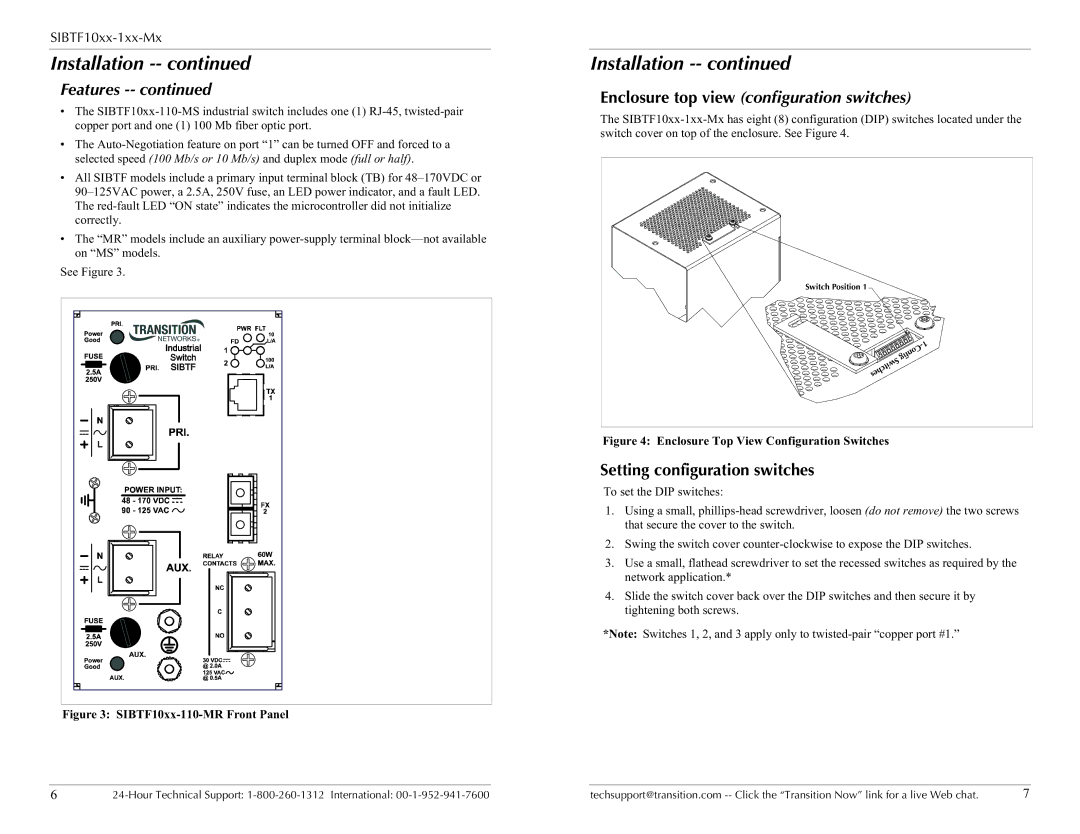 Transition Networks SIBTF10XX-1XX-MR Enclosure top view configuration switches, Setting configuration switches 