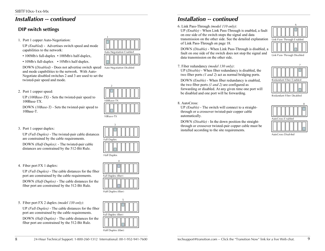 Transition Networks SIBTF10XX-1XX-MS, SIBTF10XX-1XX-MR specifications DIP switch settings 