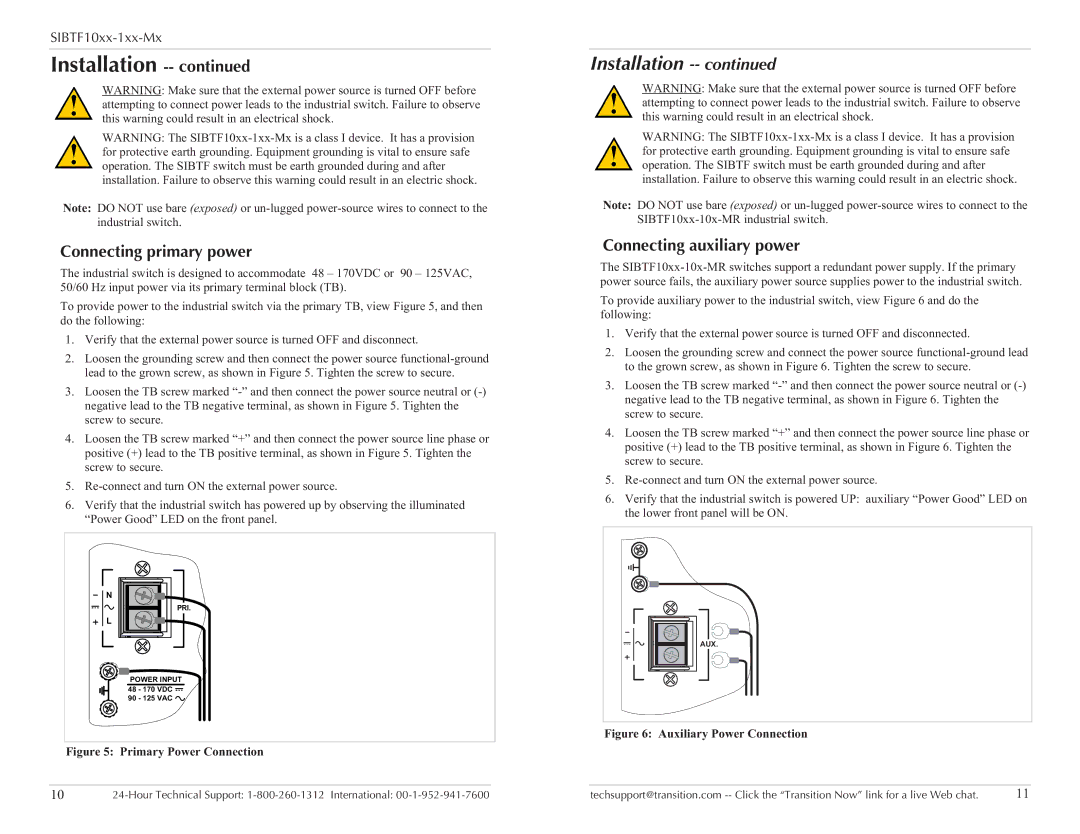 Transition Networks SIBTF10XX-1XX-MR, SIBTF10XX-1XX-MS specifications Connecting primary power, Connecting auxiliary power 