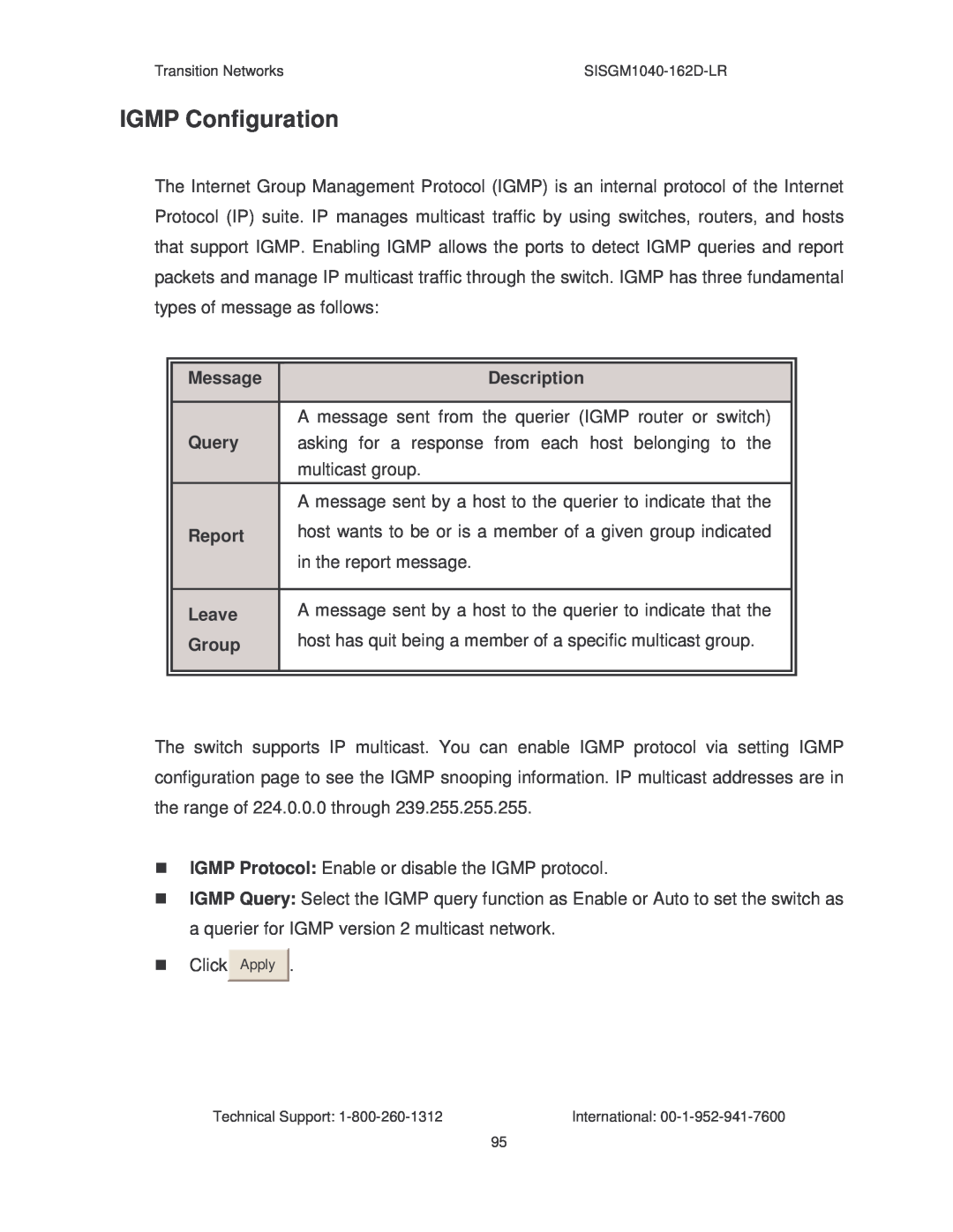 Transition Networks SISGM1040-162D manual IGMP Configuration 