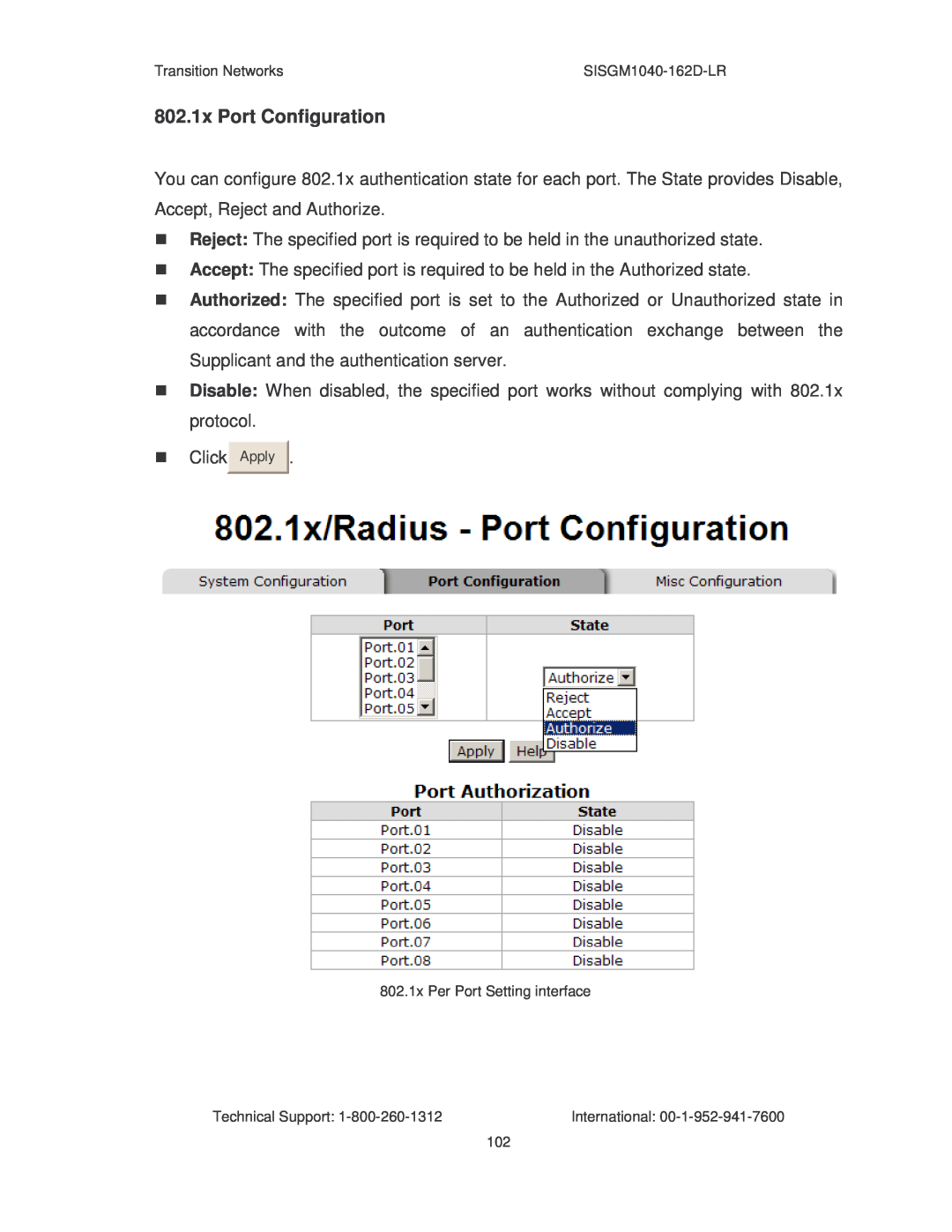 Transition Networks SISGM1040-162D manual 802.1x Port Configuration 