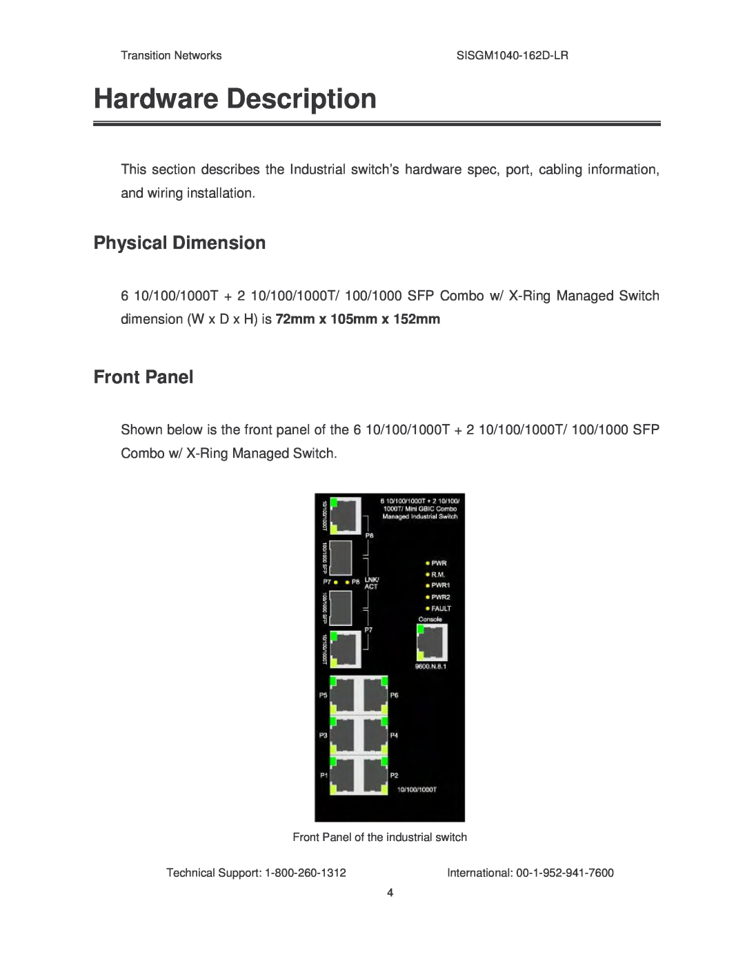 Transition Networks SISGM1040-162D manual Hardware Description, Physical Dimension, Front Panel 