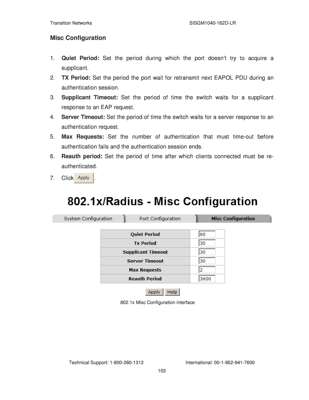 Transition Networks SISGM1040-162D manual Misc Configuration 