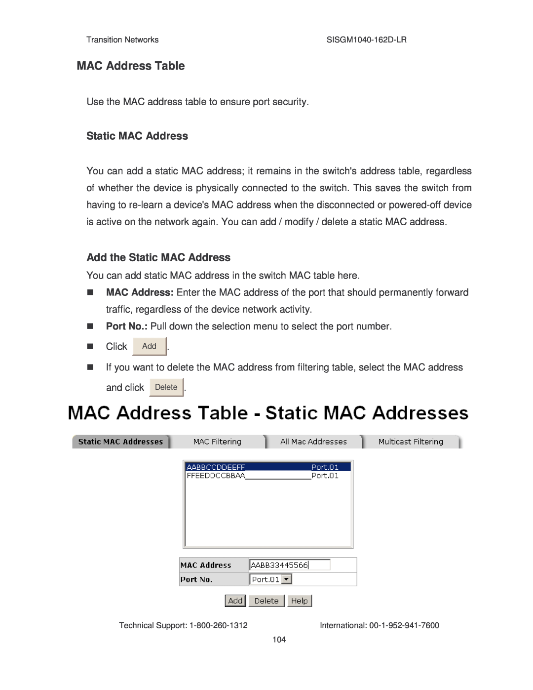 Transition Networks SISGM1040-162D manual MAC Address Table, Add the Static MAC Address 