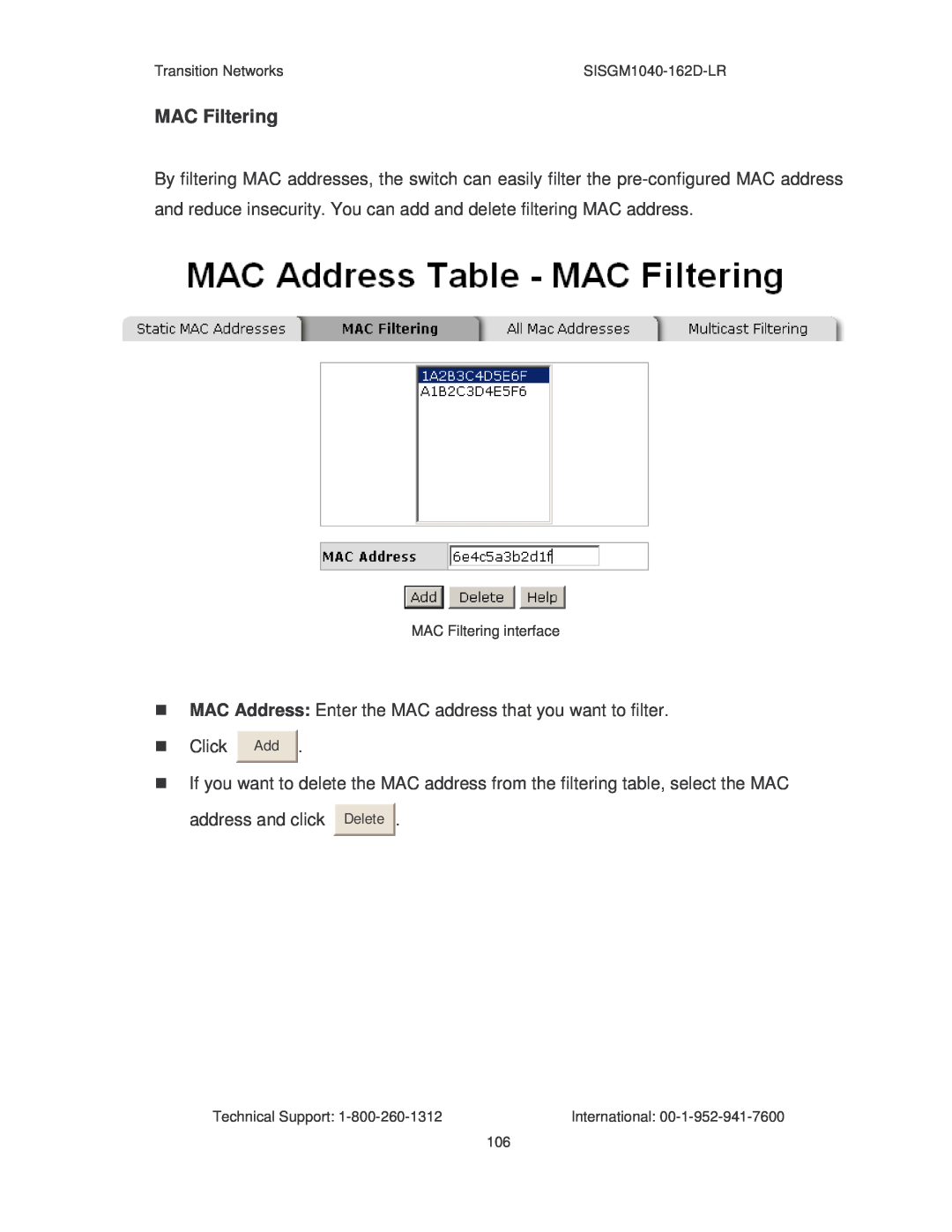 Transition Networks SISGM1040-162D manual MAC Filtering 