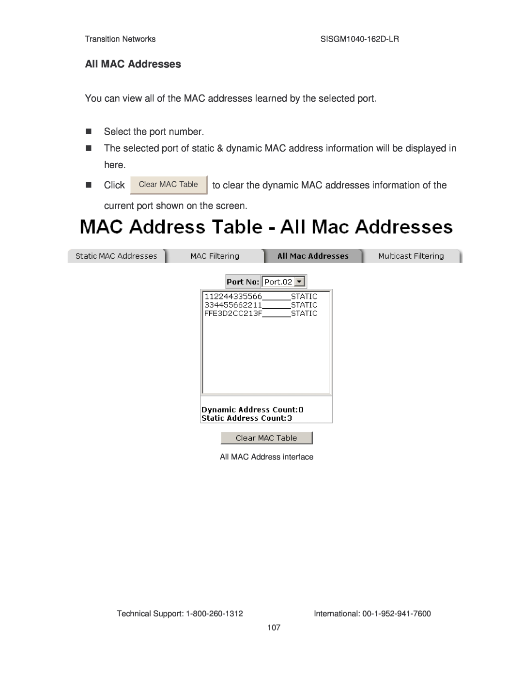 Transition Networks manual All MAC Addresses, Transition Networks, SISGM1040-162D-LR, Clear MAC Table, Technical Support 