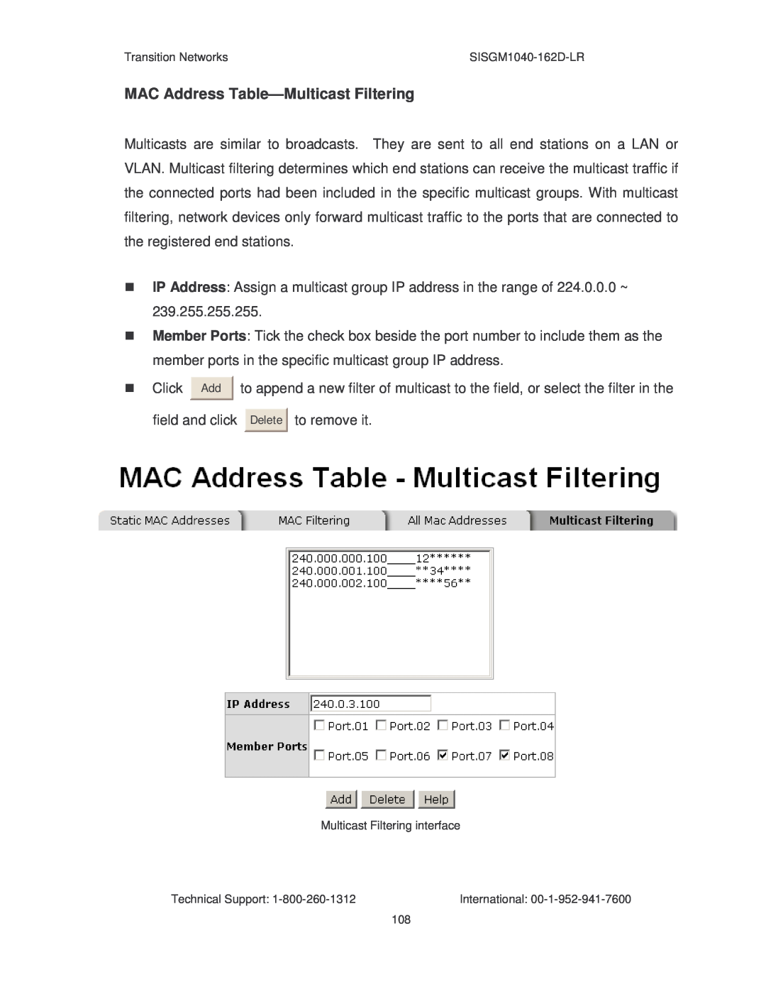 Transition Networks SISGM1040-162D manual MAC Address Table-Multicast Filtering 