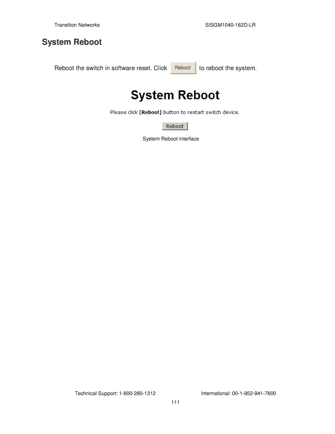 Transition Networks manual Transition Networks, SISGM1040-162D-LR, System Reboot interface, Technical Support 