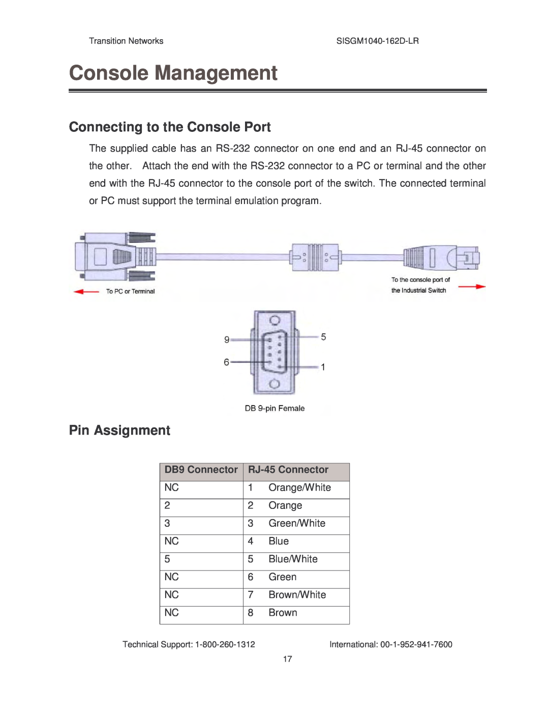 Transition Networks SISGM1040-162D manual Pin Assignment, Console Management, Connecting to the Console Port 