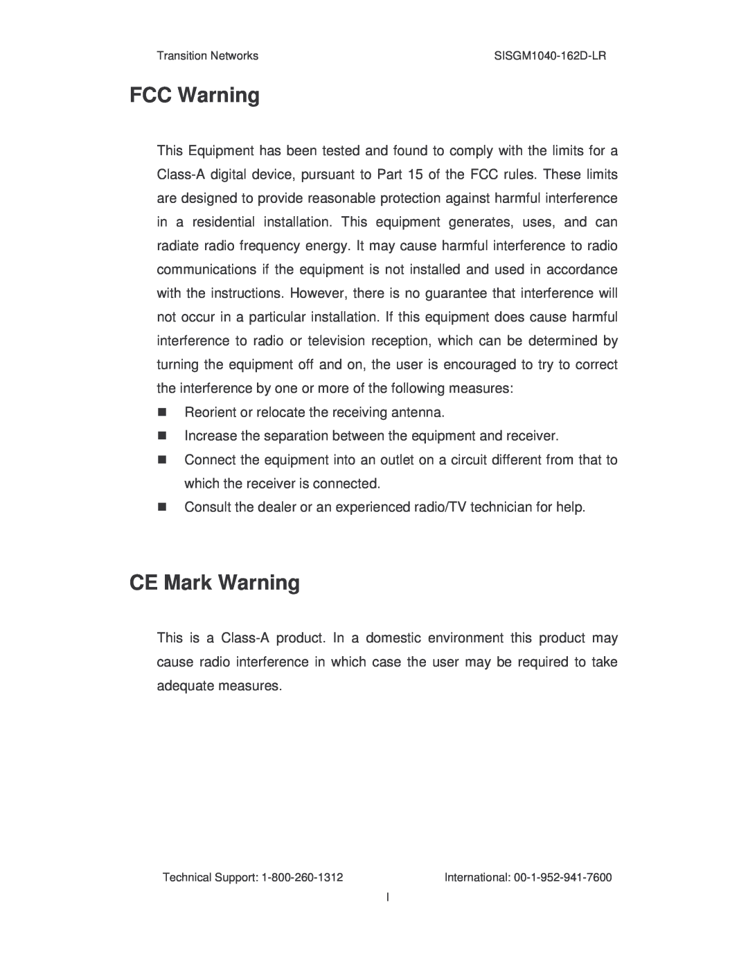 Transition Networks SISGM1040-162D manual FCC Warning, CE Mark Warning 