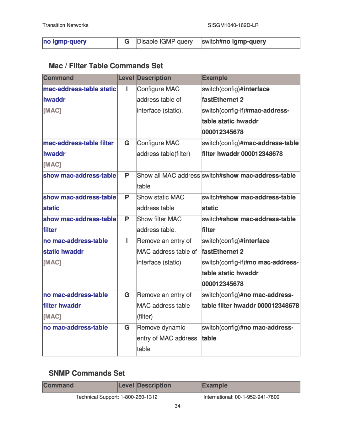 Transition Networks SISGM1040-162D manual Mac / Filter Table Commands Set, SNMP Commands Set 