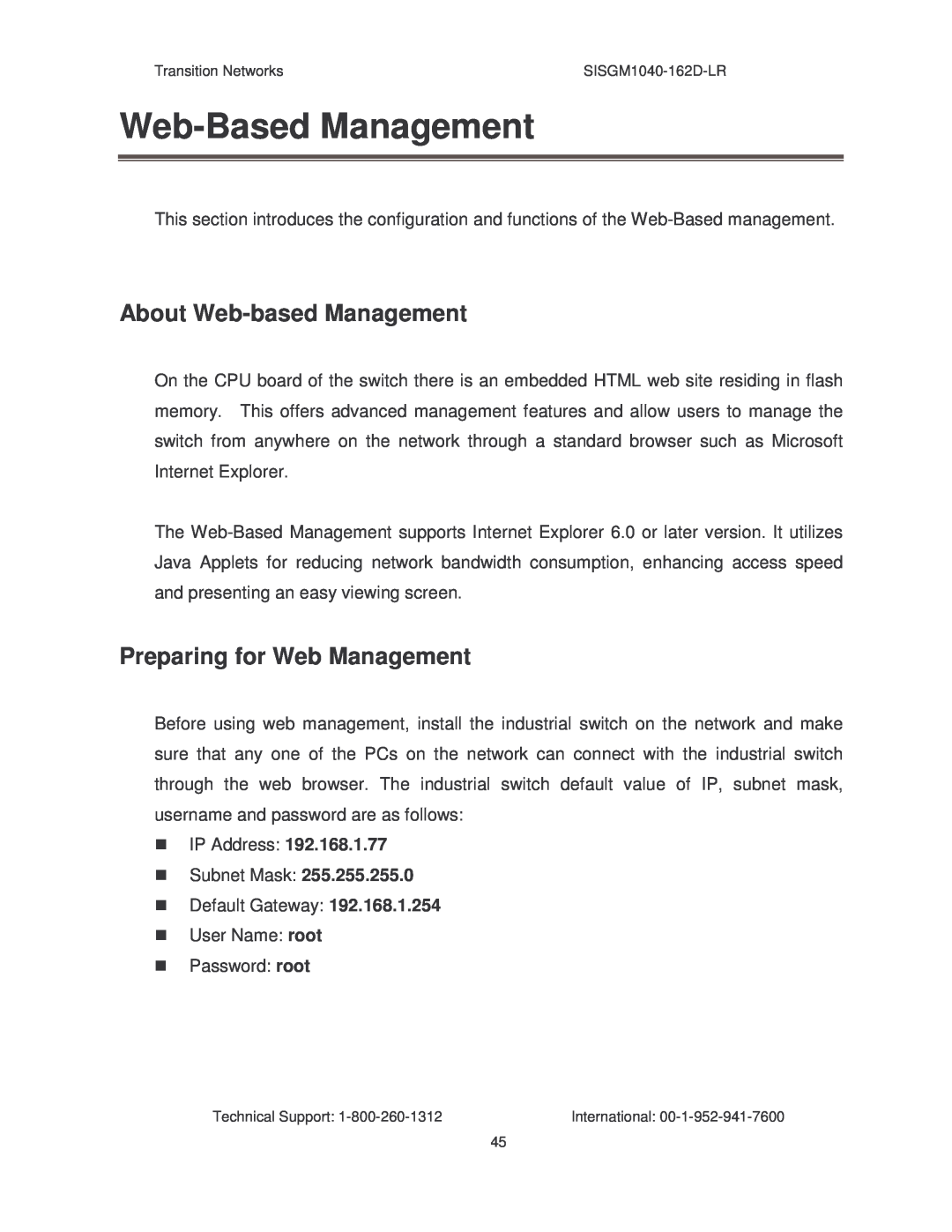 Transition Networks SISGM1040-162D manual Web-Based Management, About Web-based Management, Preparing for Web Management 