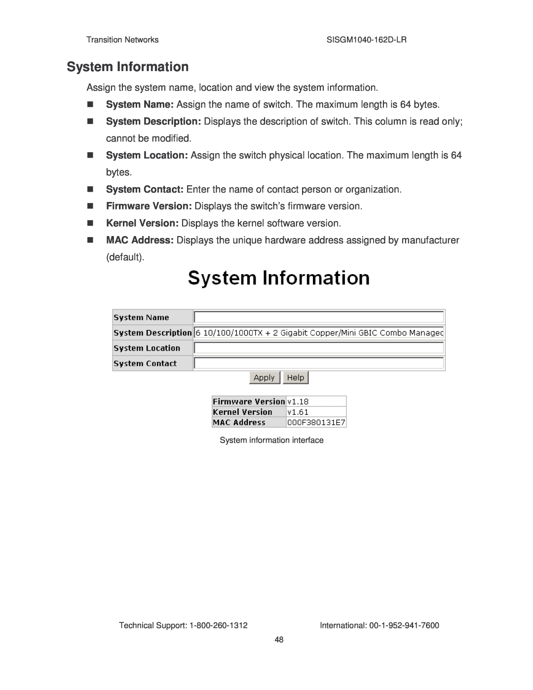 Transition Networks SISGM1040-162D manual System Information 
