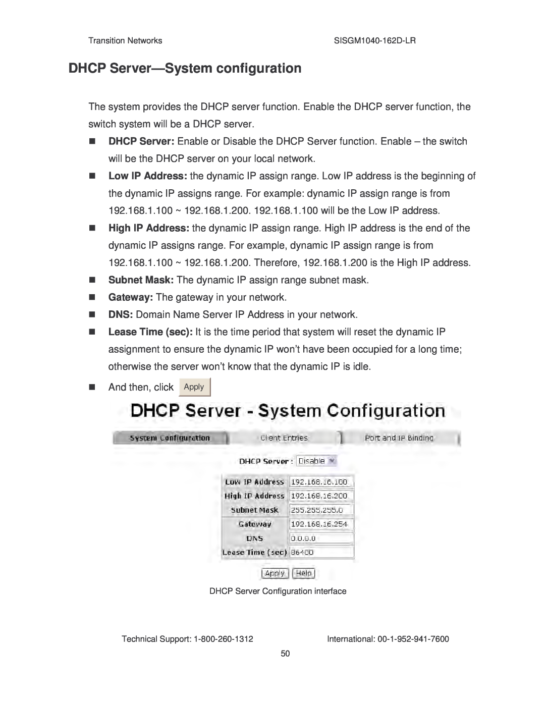 Transition Networks SISGM1040-162D manual DHCP Server-System configuration 