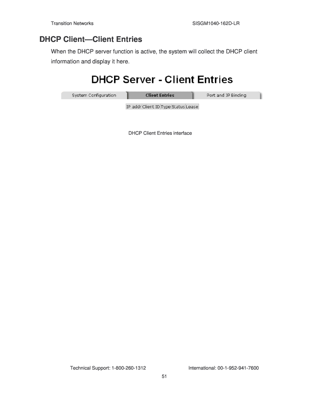 Transition Networks DHCP Client-Client Entries, Transition Networks, SISGM1040-162D-LR, DHCP Client Entries interface 