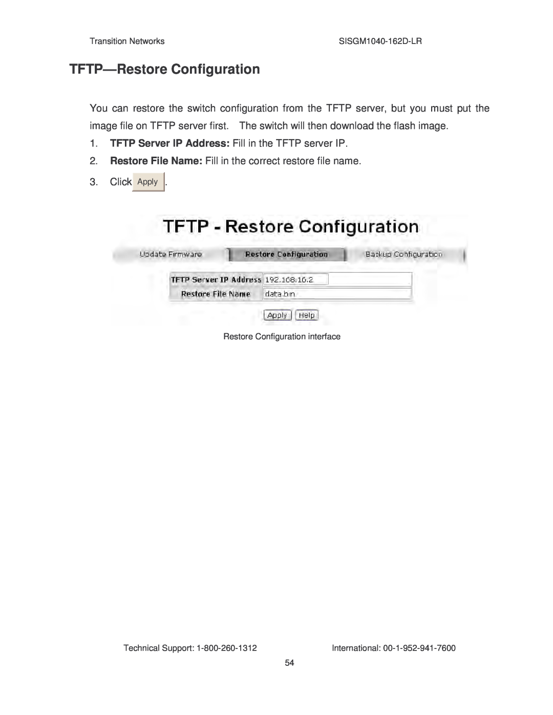 Transition Networks SISGM1040-162D manual TFTP-Restore Configuration 
