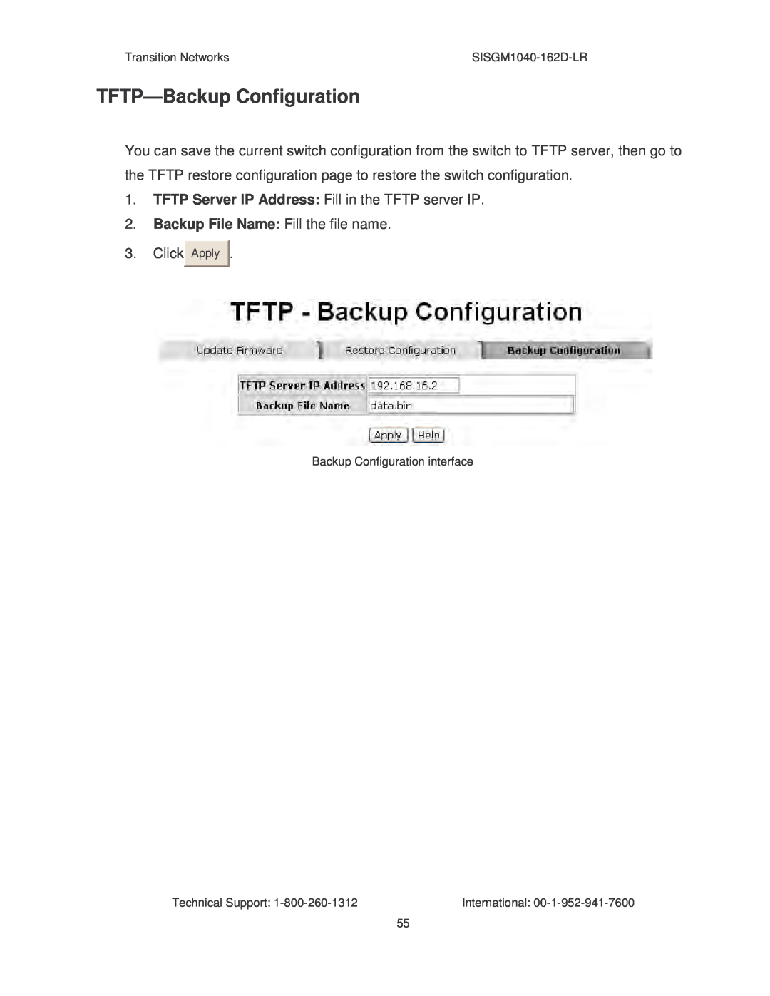 Transition Networks manual TFTP-Backup Configuration, Transition Networks, SISGM1040-162D-LR, Apply, Technical Support 