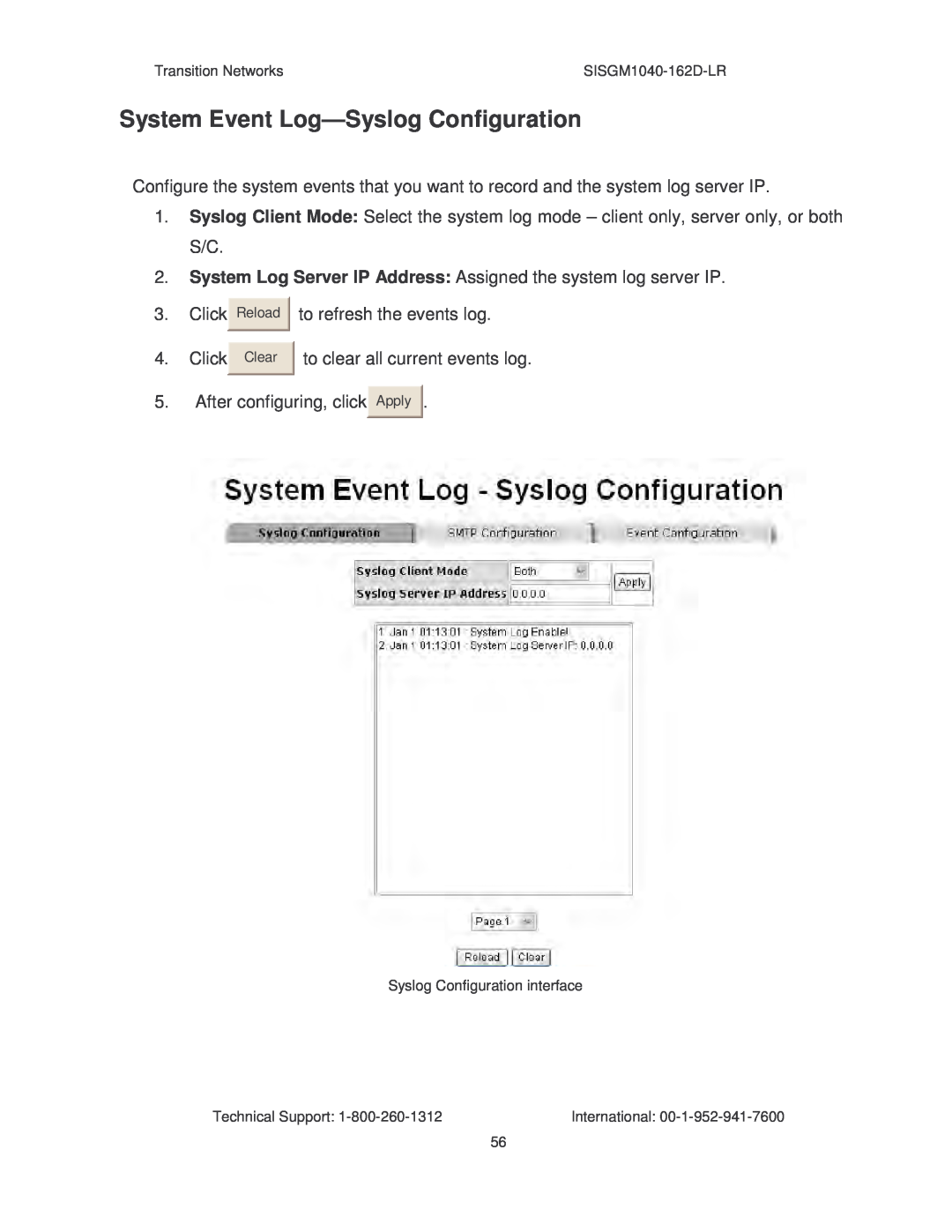 Transition Networks SISGM1040-162D manual System Event Log-Syslog Configuration 